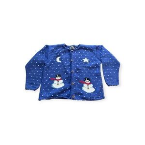 Vintage Rey Wear Blue Hand Knit Winter Snowman Cardigan Sweater